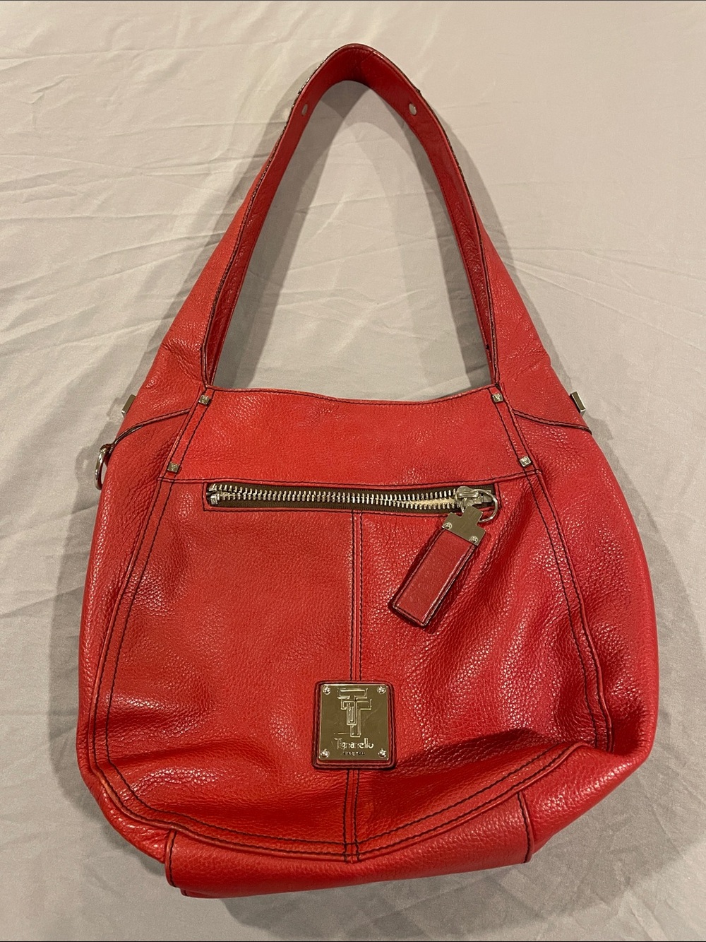 Tignanello Red Pebbled Leather Hobo Shoulder Bag